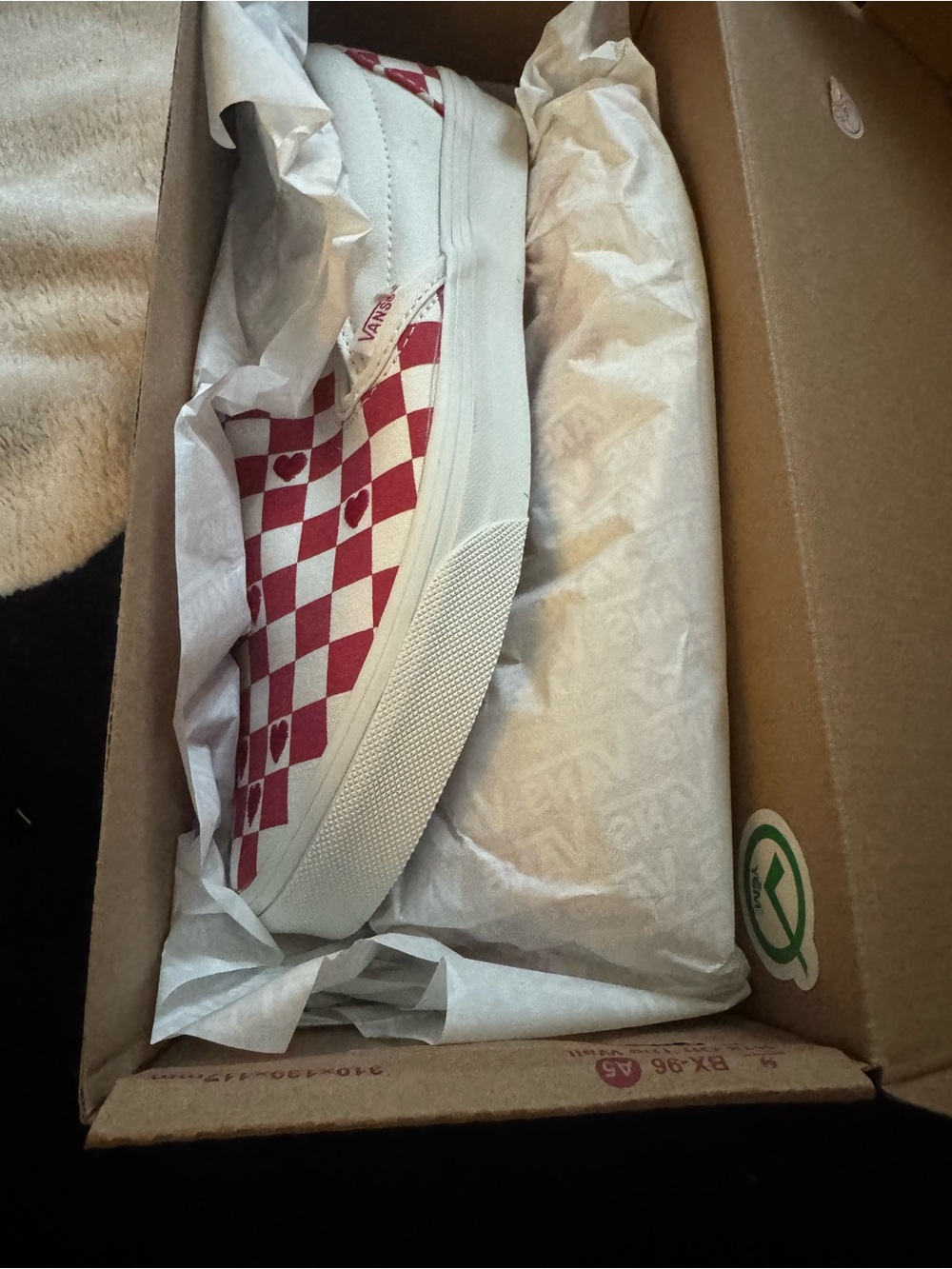 Vans Red & White Checkerboard Slip-On with Heart Accents